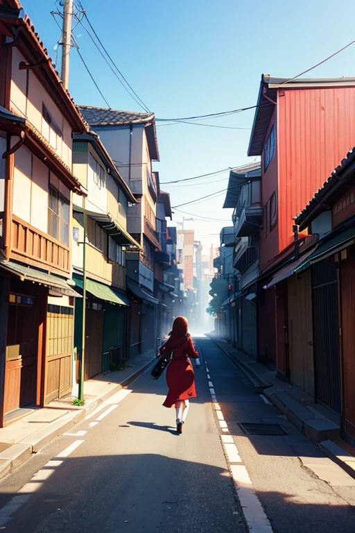 (best quality,4k,8k,highres,masterpiece:1.2),ultra-detailed,(realistic,photorealistic,photo-realistic:1.37),a woman in a red coat walking on the street in an animated scene,residential area,walking through the suburbs,anime background art,anime scenery,anime girl running,beautiful anime scenerys,a forest city street behind her,walking on the street,on a street,anime background,anime movie background,in the distance,animated still frame,Kyoto Animation style