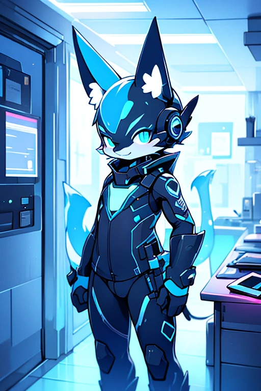 digital art, Blue protogen, cat like, neon lights, smirk, at a room, protogen mask