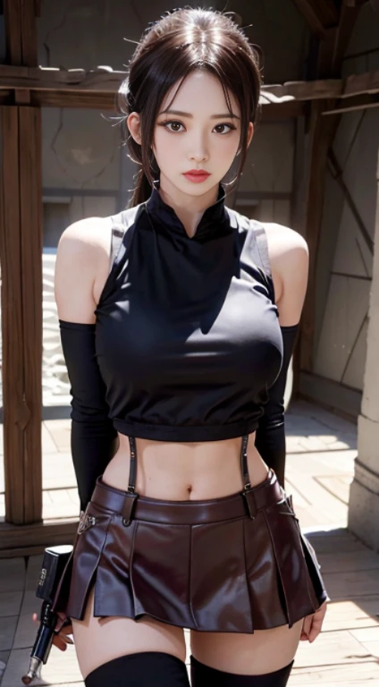Unreal Engine 5 Realistic Render, (masutepiece, Best Quality), Complex and detailed quality)), ((masutepiece)), ((Realistic)), (Hyper-Realism:1.2), (Fractal Art:1.2),
1girl in, 7rtifa, croptop, arm guards, Fingerless gloves, suspenders, Pleated miniskirt, black thighhighs, red boots
extreme detailed eyes, Colorful, highest details,
Vibrant colors, High contrast,
(8K UHD:1.2), (photoRealistic:1.2), Beautiful face, top body is hyper Realistic thicc muscle and hyper largest_breasts!! types of buberon, lower is huge buttocks, wet shiny body