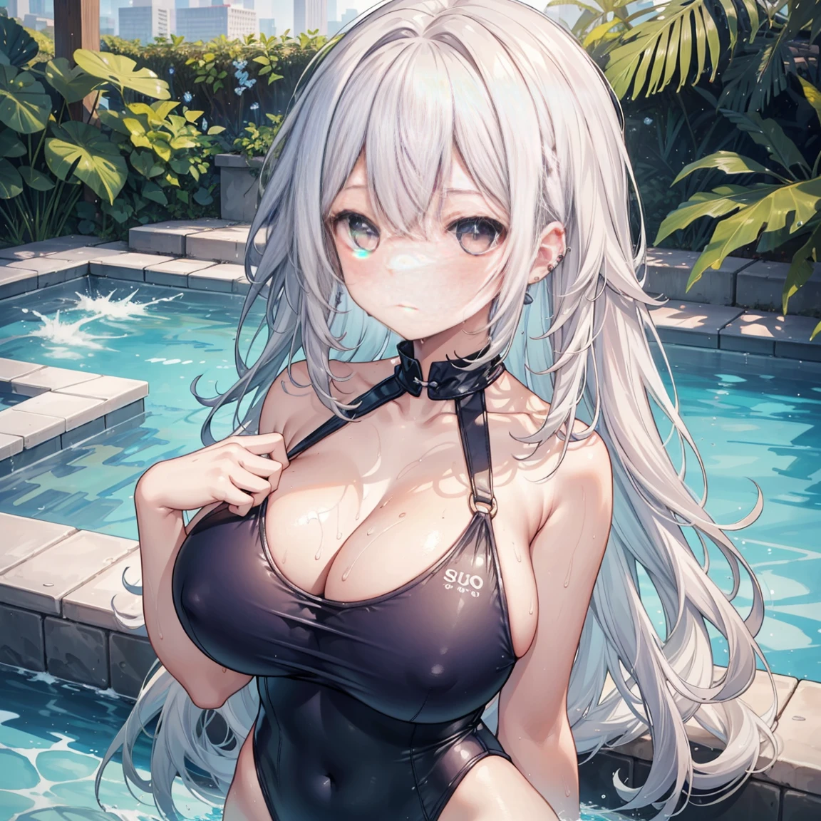 1 girl, watery big eyes*Su Jiushui*Wet hair*hair open*ear studs*swimmingpool>,, Low RA:Add to_the detail:1,One-piece swimsuit,极其humongous large breast,Bigchest,busty figure,humongous large breast,back ,,Magnanimous