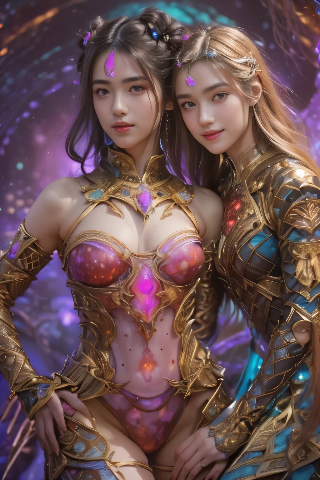 (Two beautiful teenage italian girls:1.6), Close friends, (They are hugging each other:1.2), Kiss her cheek or chest,(Detailed iridescent bodysuit with beautiful fractal or marble design:1.5), Incredible and spectacular scenes, ((High quality)), ((Detailed)), ((Fantasy)), Blue Plasma Brain, Green Plasma Body, Showing her armpits, beutiful breast, obscenity, (Lewd smile:1.2), coarse, Obscene, (Immoral:1.2), Lachish, (small breasts with beautiful raised pink areolas,,:1.5), (Cameltoe), (Expression of ecstasy:1.2), Photorealistic, Official art, Unity 8K Wall , 8K Portrait, Best Quality, Very high resolution, (Incredibly beautiful nature background:1.6), (18 years old:1.5), (Sexy and glamorous:1.1), (A coquettish expression:1.6), (seductively smiling:1.6), (erotic posing:1.9), (Model Posing:1.8), Beautiful seductive face, Portrait, (Thick eyebrows:1.4), (Big scarlet eyes:1.6), Beautiful eyes with fine symmetry, (Ultra detailed eyes:1.4),(Highly detailed face and eyes:1.7), (High-resolution red-eye:1.8), Intimate face, (ultra detailed skin texture:1.4), White skin, pale skin, Perfect Anatomy, Thin, (Beautiful toned body:1.5), Highly detailed hair, (Moist skin:1.2), No makeup, (dark circles:1.1), Good anatomy, Focus Face, good-looking, (Emilia Clark:0.6) (Emma watson:0.3),(Jennifer Connelly:0.4), Elegant face, Nice, (A delicately crafted necklace is wrapped around her neck..), (Bioluminescence with brilliant brilliance:1.4), (Luminous magic circle:1.5), Ruins of an ancient castle, Shining majestic cloud masses and sky, lightning bolt, Epic Realistic, (Greg Rutkowski:0.8), (teal and orange:0.4), (Art Station:1.5), Cinematic, (NSFW:1.2), Hyper Detailed, Dramatic light, (Intricate details:1.1), Beautiful black hair, (Wearing a gauntlet with a dense and very beautiful design decorated with jewels:1.1), Small chest, Galaxy, (nebulas:1.6), The Dark Knight, Fully armored body focus