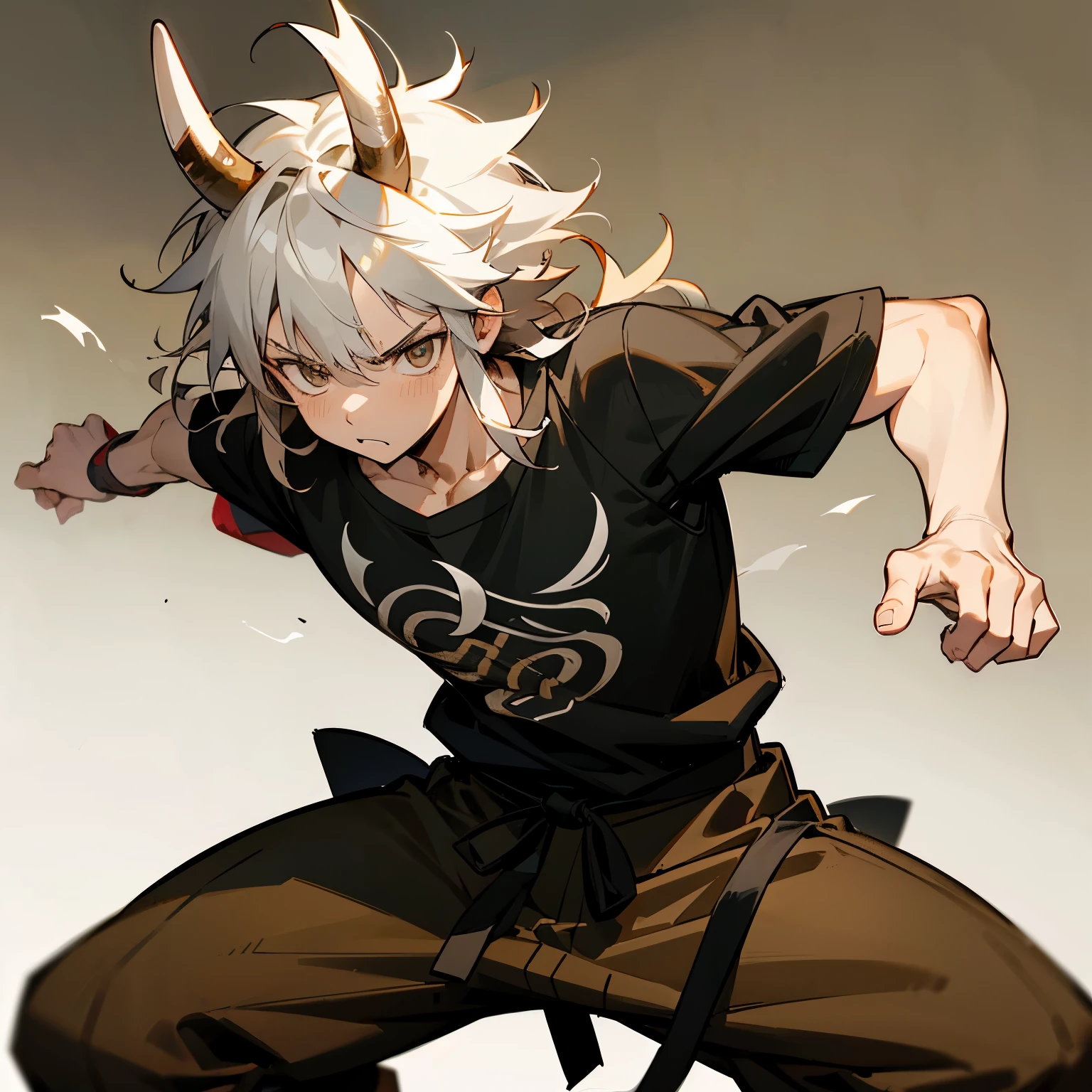 1male , Young Male , Child Male , Muscular , Light Grey Hair , Hazel Brown Eyes , Ox Horns , Serious Expression , Gon Hair , Messy Hair , Black Fitted T-Shirt , Black Haori Over Shirt , Rocky Planes Background , Martial Arts Clothing