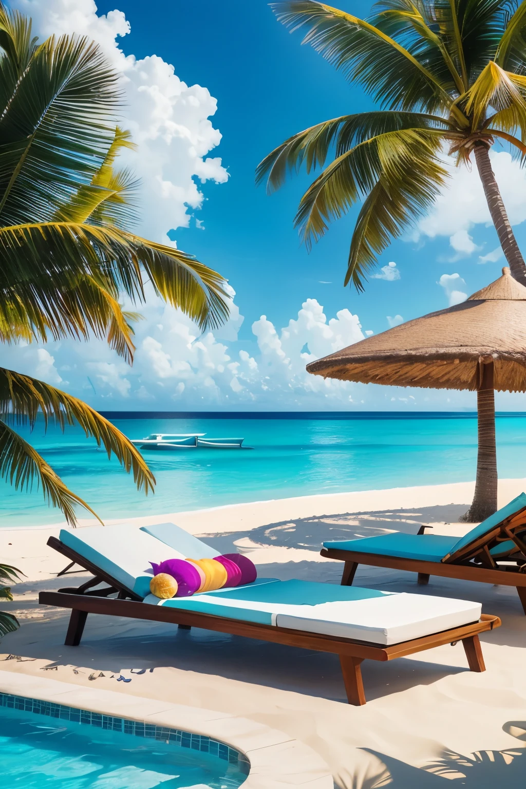 best quality,ultra-detailed,realistic,tropical paradise,sandy beach,turquoise crystal-clear water,palm trees,exotic flowers,colorful birds,sun-kissed skin,summer breeze,vibrant colors,coconut cocktails,relaxing hammock,luxurious beach villa,serene atmosphere,azure sky,endless horizon,sunshine and happiness,splashing waves,soft white sand,warm sunlight,tropical fruits,floating pool loungers,floating pool loungers,swaying palm leaves,paradise escape,magical sunset