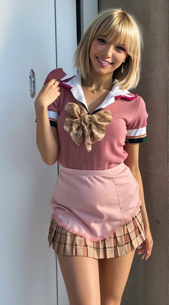 Masterpiece,ultra high res, best quality, photorealistic,
BREAK
solo,(gyaru:2.0),pregnant,(tanned skin:1.5),(blonde short hair:1.5),
heavy makeup,(necklace:1.0),earrings,(pink rip:1.2),(eyeliner:1.5),(eyeshadow:1.5),(long eyelashes:1.2),slender,
symmetric clear eyes,(evil smile:1.8),(smirk:1.5),(tongue licking:1.2),(raise your chin:1.0),(looking at viewer:1.3),Long Nails,(show off your belly:1.0),
,cleavage,thigh,
(school uniform:1.5),shirt,pleated mini skirt,open clothes,
BREAK
(dynamic pose:1.5),dynamic angle,standing in honor,