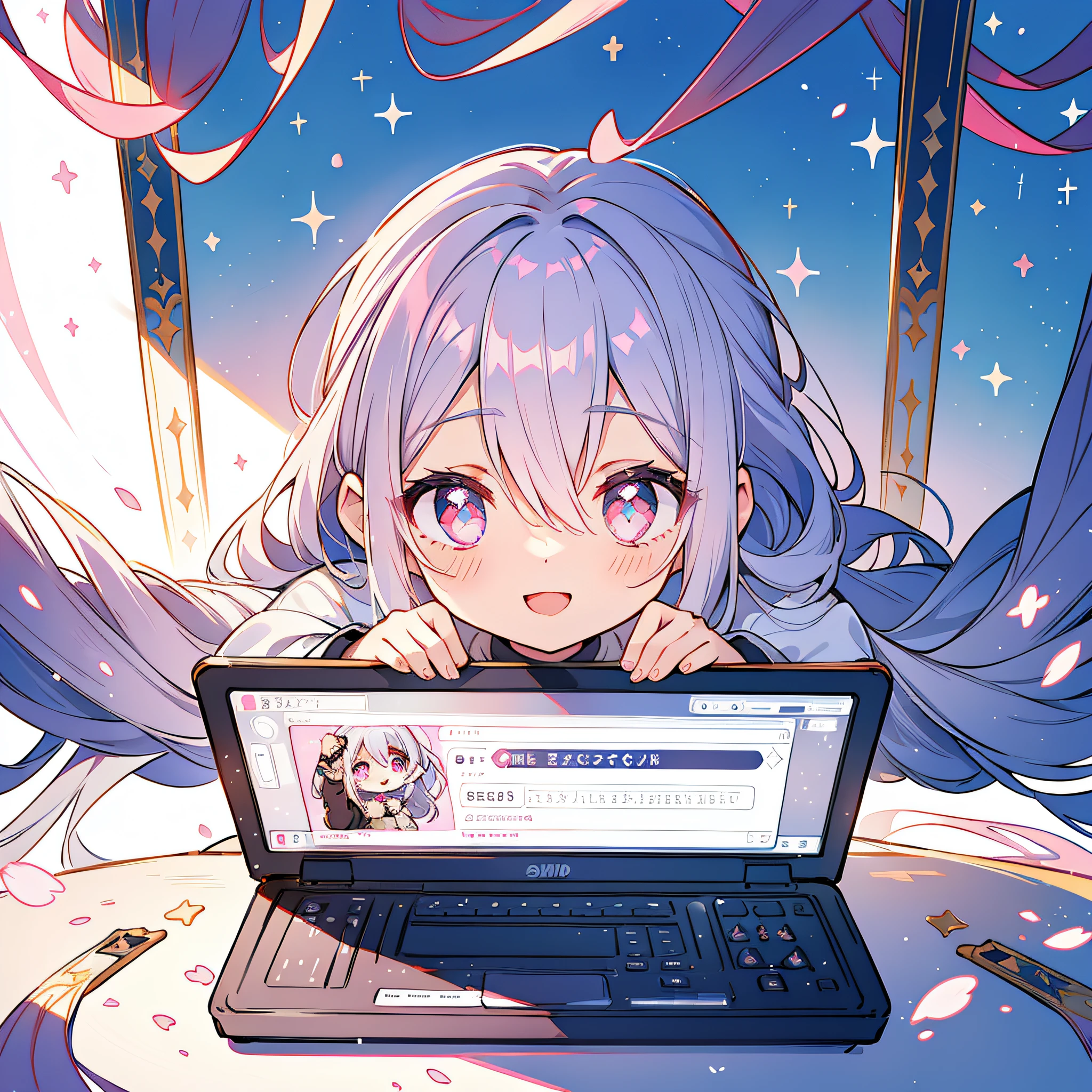 Silvery hair、((Pink sparkly eyes))、A smile、Open your mouth、((white backgrounid))、((solidbackground))、((simple background))