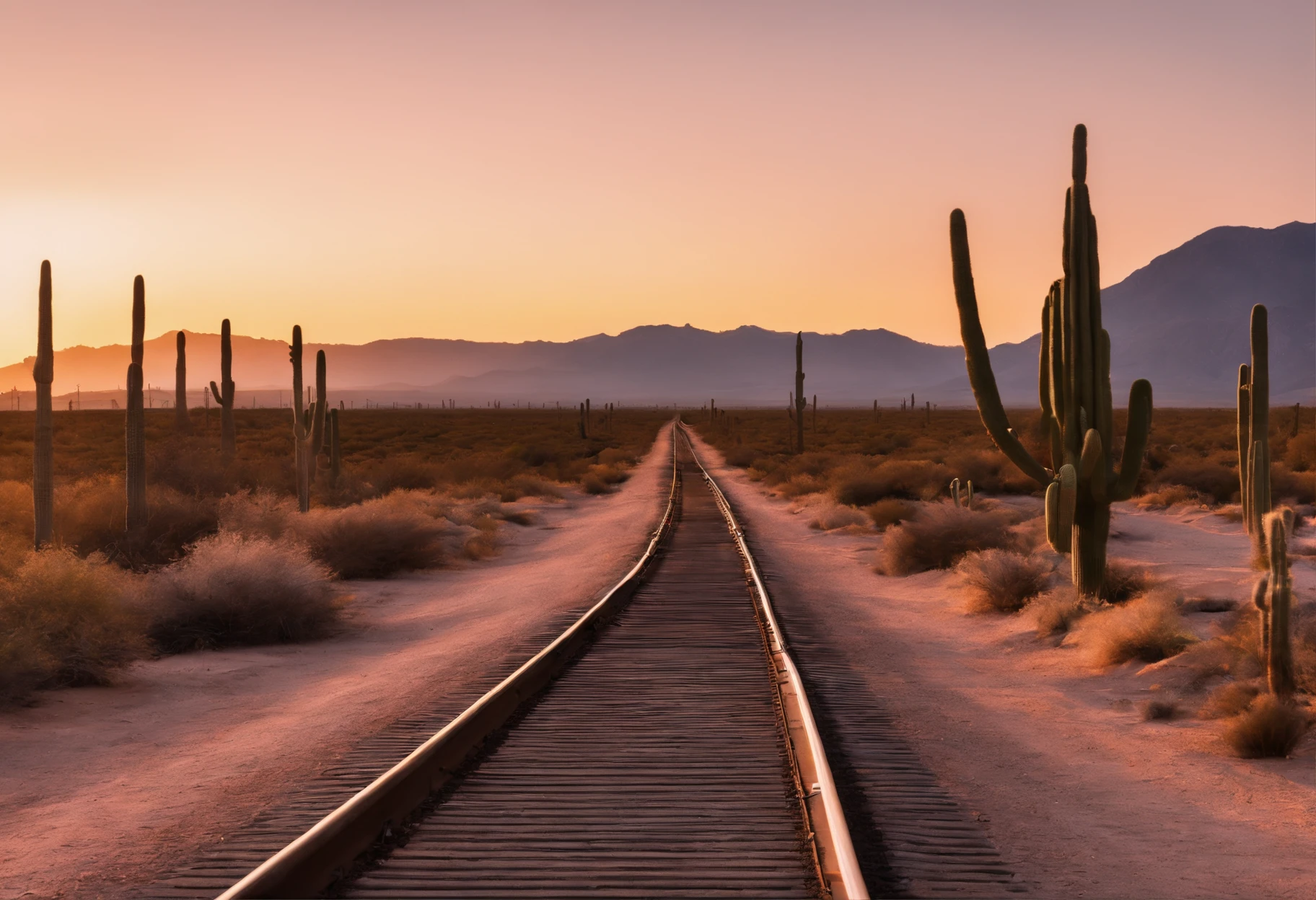 Bolivian Dessert, single train track, cactus, Nostalgic, Annual lighting display, Big sky