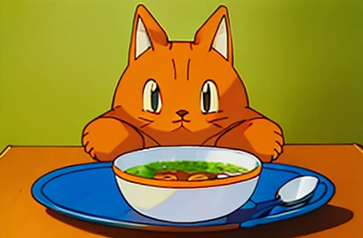 Longhair orange cat with a white chin sitting in front of an empty bowl of soup drawn in the style of a pokemon card.