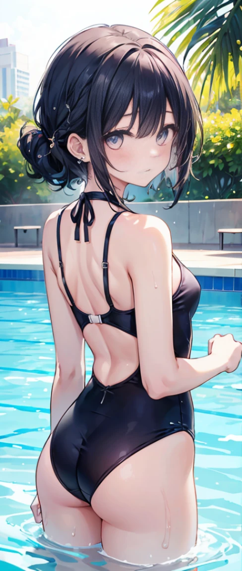 1 girl, watery big eyes*Su Jiushui*Wet hair*hair open*ear studs*swimmingpool>,, Low RA:Add to_the detail:1,One-piece swimsuit,flatchest,back