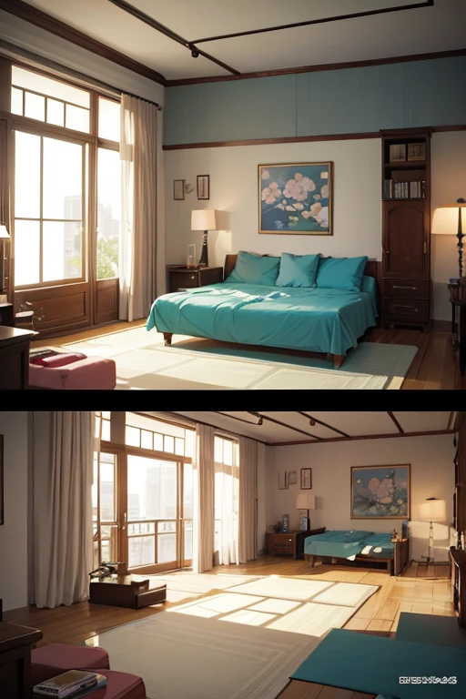 There is a room with a bed, A sofa, a tv and a chair, Personal room background, anime backgrounds艺术, 室内arte de fundo, bedroom background, room interior, arte de fundo, a room, room painting, Whole room, spacious room, RPG style bedroom, anime backgrounds, Bedroom lights dim, luxurious environment, anime movie backgrounds, indoor room