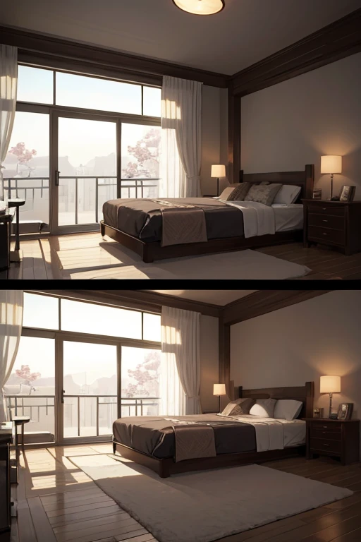 There is a room with a bed, A sofa, a tv and a chair, Personal room background, anime backgrounds艺术, 室内arte de fundo, bedroom background, room interior, arte de fundo, a room, room painting, Whole room, spacious room, RPG style bedroom, anime backgrounds, Bedroom lights dim, luxurious environment, anime movie backgrounds, indoor room