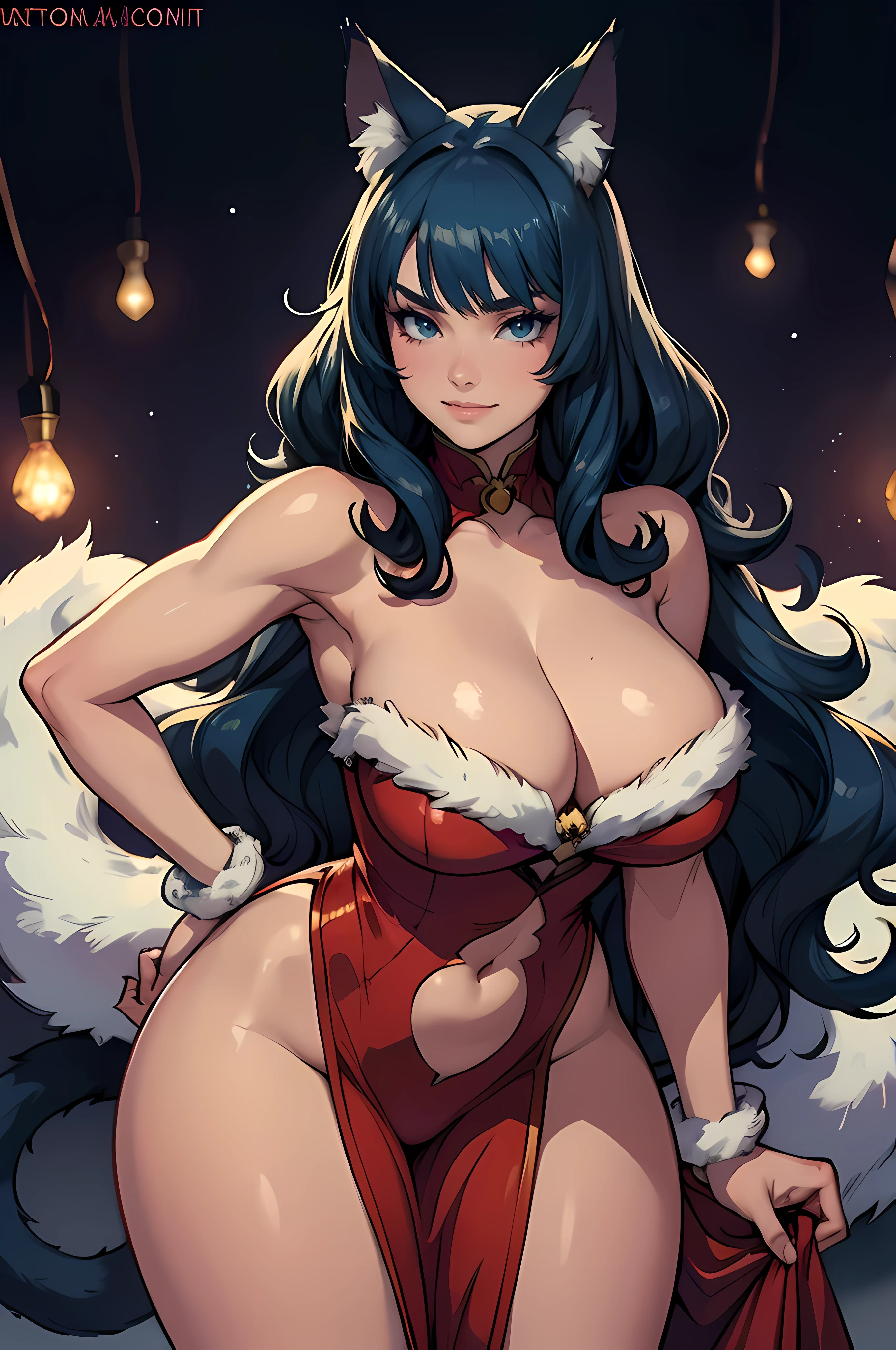 detailed background, detailed face, detailed eyes, looking at viewer, nighttime, felicia from darkstalkers,Felicia_Darkstalkers,aiwaifu, (masterpiece), best quality, 4k resolution, ultra-detailed,realistic, poses,mature woman, giant breasts, giant butt, very curvy, full lips, seductive, smiling, whit a red chinese long dress, bimbo, thick thighs, curvy physique, large breasts, blurry, blurry background,animal_ears,blue_hair,cat_ears,long_hair,animal_hands,breasts,big_hair,very_long_hair,curly_hair,cat_tail,tail,fur,claws,large_breasts,green_eyes,navel,cat_girl,cat_paws,slit_pupils,white_fur,bare_shoulders,collarbone,thighs,cleavage,halftone,toned.