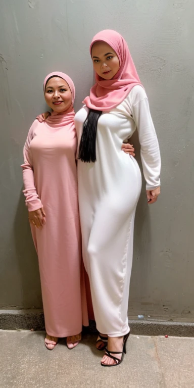 (2 girls:1.2), (double exposure), back view, two mature teachers (standing side by side behind wooden door), ((both 35 year old)), ((malay women)), curvy fit body shapes, huge thighs, bigger ass, both wearing ((fitted white long sleeves baju kurung)), ((hijabs)), smirk, inside a mosque, wooden door, wall, arabic calygraphy, skin texture, ultra high res, RAW, instagram LUT, masterpiece, best quality, ultra-detailed, ultra high resolution, RAW, 4k, (looking at viewer), extremely detailed eyes and face, (beautiful detailed nose), (beautiful detailed thigh), (beautiful detailed eyes), perfect body proportion, (looking at the viewer), red lips, (black hijab), (NSFW)
