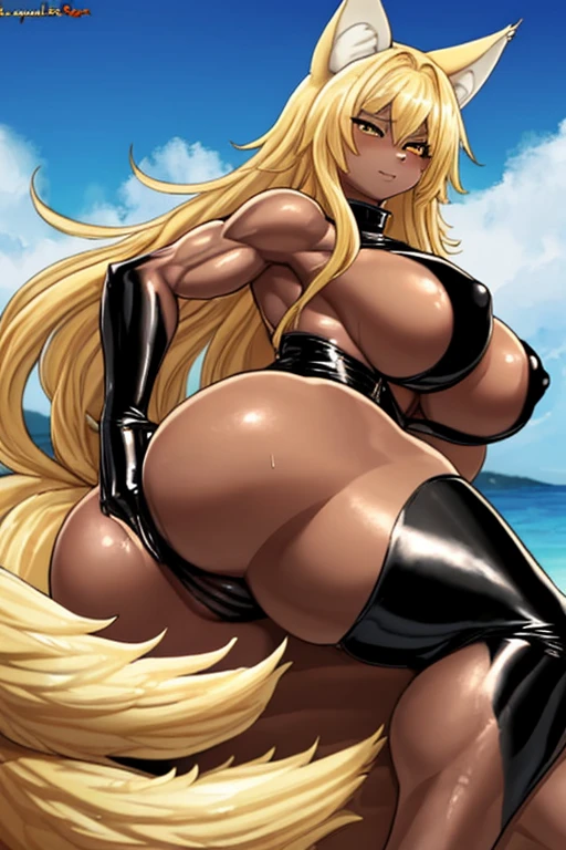 big muscular, women, black, latex, sexy, blond long hair, 200cm tall, sea, nipple, wolf furry, big boobs, tail, femdom, beautiful,sexy pose,anal, pussy, brown women, ((ANAL)) see pussy