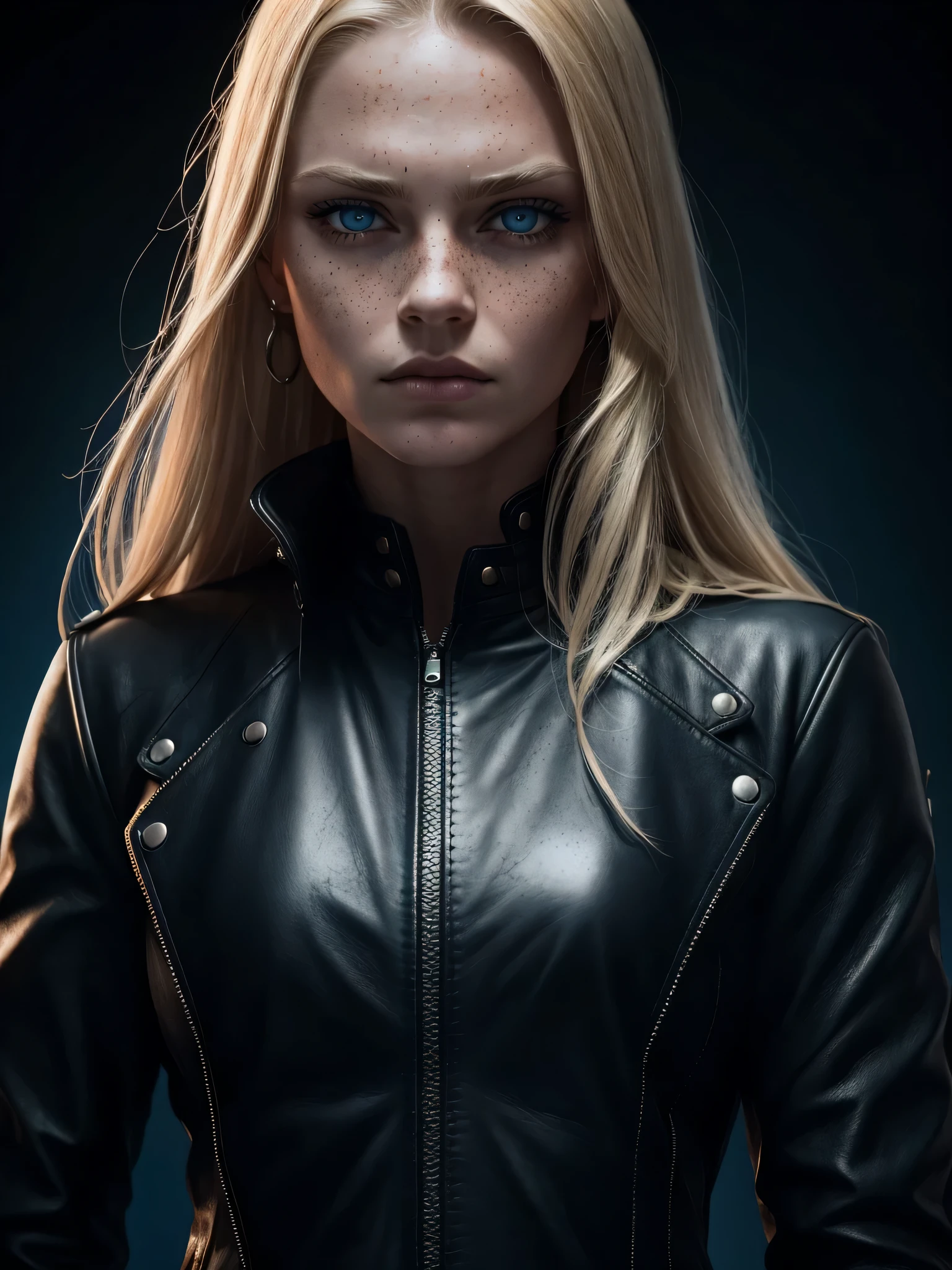 une femme, elle avait de longs cheveux blonds, yeux bleus, avait des taches de rousseur, Porter une veste en cuir noir, porter des gants noirs, visage grave, badass, background dark, high resolucion, Ultranet, 8k