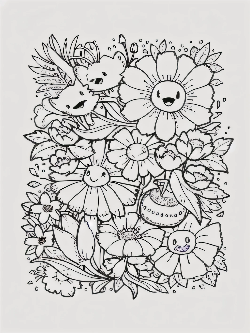um desenho em preto e branco de flores com uma borboleta, livro para colorir outline, line art Desenho de Desenho para colorir, clean livro para colorir page, livro para colorir page, Desenho de Desenho para colorir, livro para colorir style, linha estilizada, Desenho de Desenho para colorirs, desenhos para colorir, black and white coloring, Linha - Arte, colouring - in sheet, livro para colorir, arte detalhada bonito, muitas flores, flores detalhadas