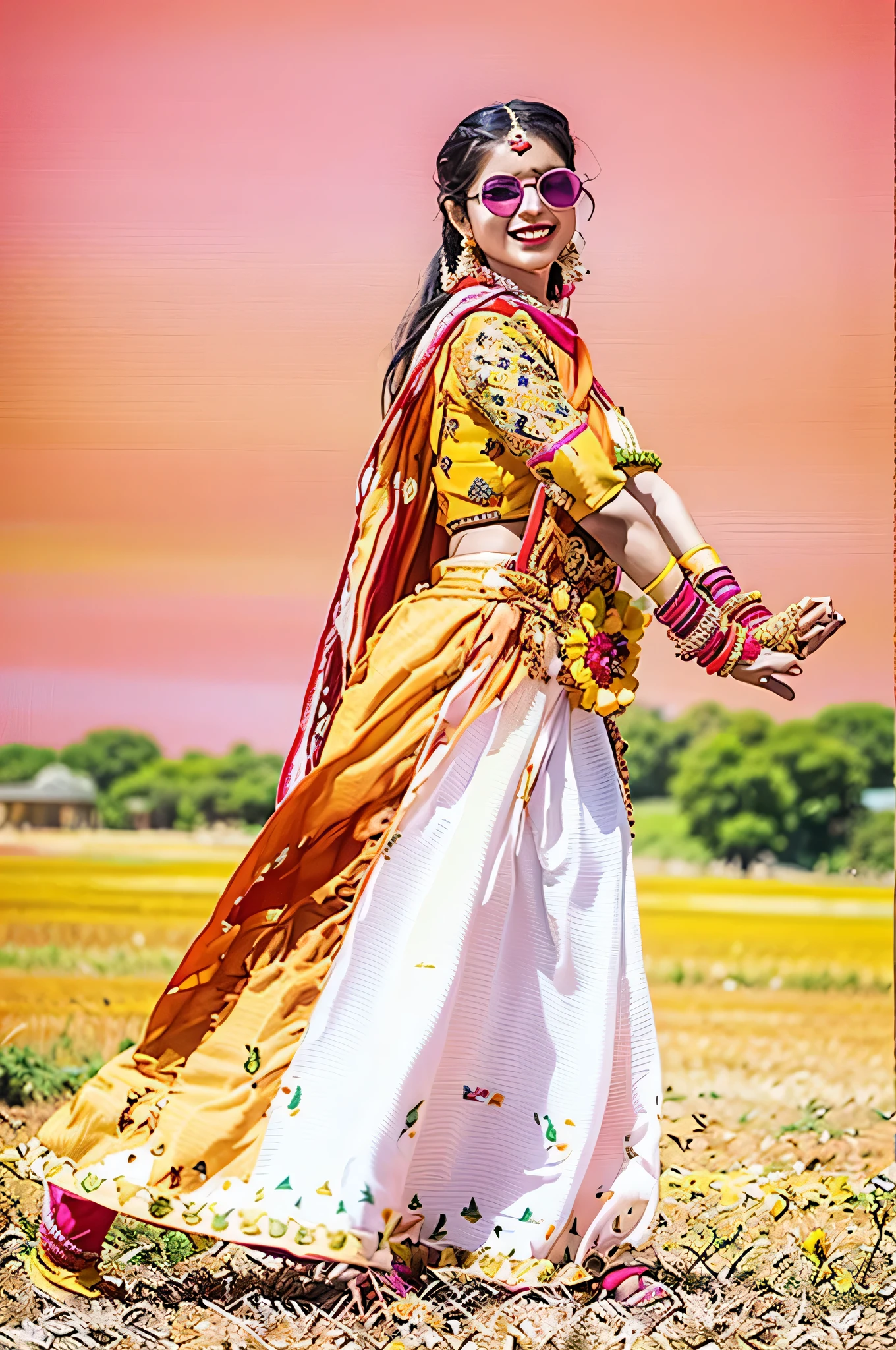 araffe woman in a colorful outfit and sunglasses dancing in a field, indian style, wearing an elegant tribal outfit, * colour splash *, joyful look, dressed in long fluent skirt, traditional beauty, traditional costume, orange and yellow costume, tribal dance, wearing traditional garb, idian dress, dramatic smile pose intricate, traditional dress, traditional clothing, beautiful costume