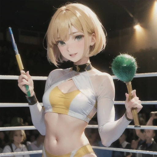 adult female professional wrestler、a blond、bob cuts、 animesque、 A white costume with a yellow stripe that shows a little of the stomach.、Leprechaun、Small bust、Holding a baton in one hand