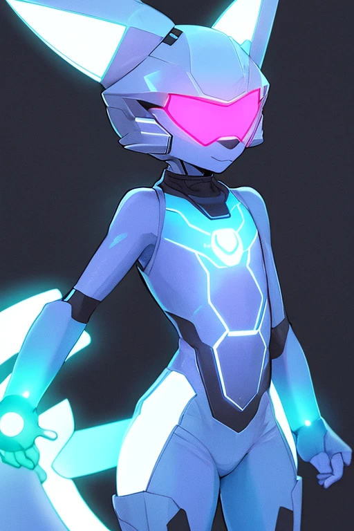 digital art, Blue protogen, cat like, neon lights, smirk, at a room, protogen mask