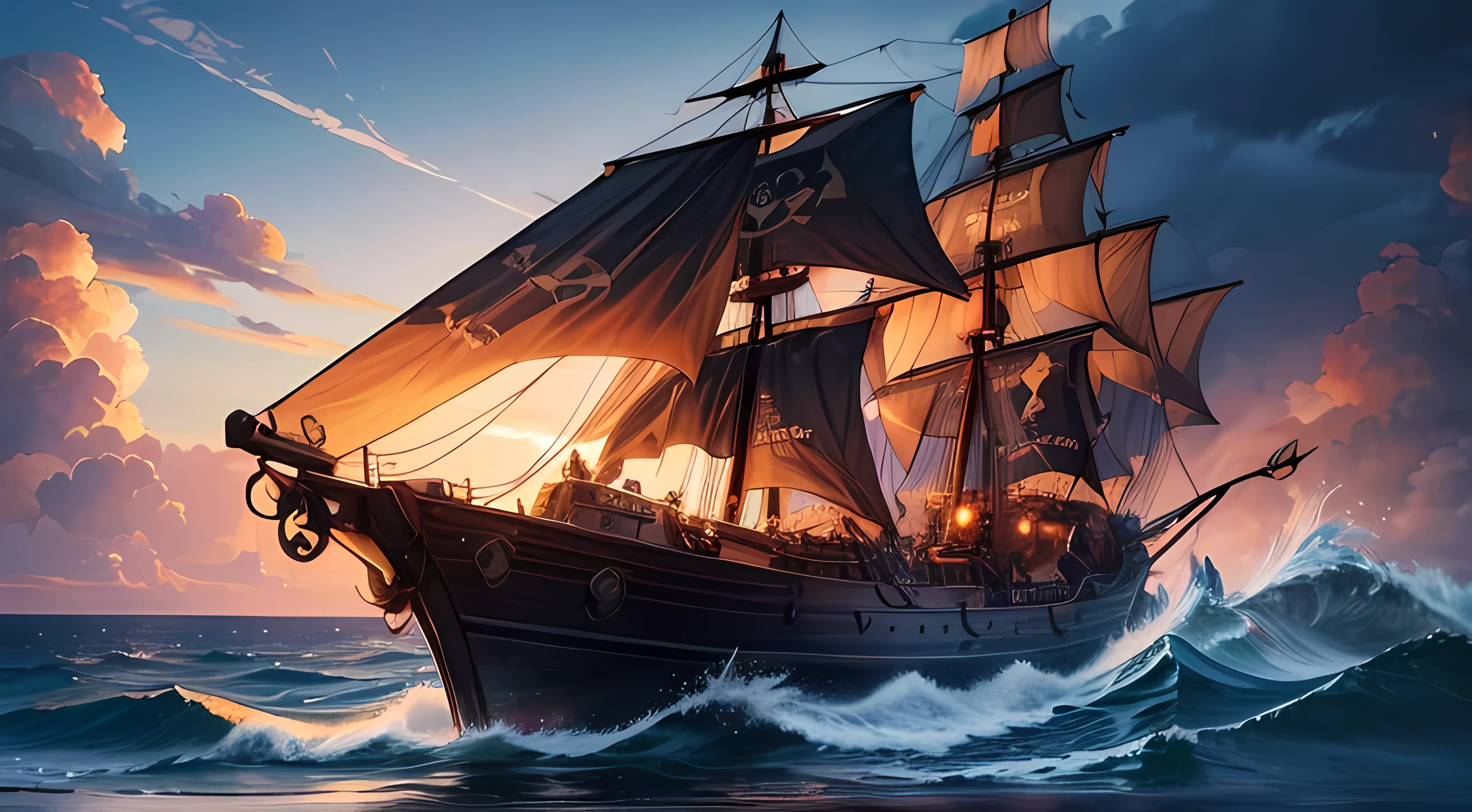 (best quality,4k,Altas,master part:1.2), cena pirata detalhada, pato pirata peludo, navio pirata, ondas realistas, dramatic lighting, vivid colors, water reflections, metal enferrujado, wood planks, bandeira pirata, treasure chest, cannons firing, tempestuous sky, atmosfera aventureira