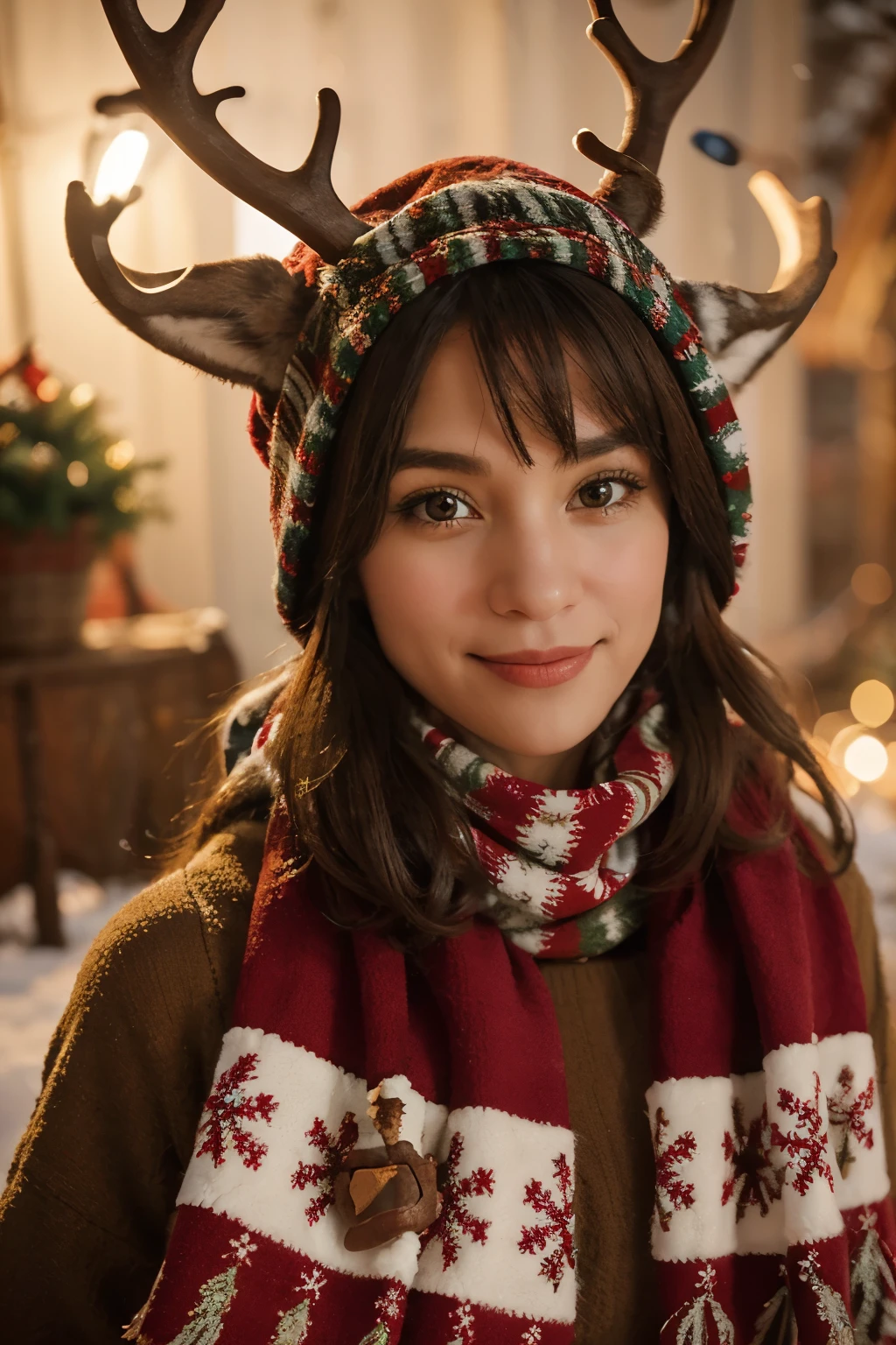 starring adorable reindeers dressed in festive scarves and hats. Ensure the print conveys a feeling of warmth, coziness, and typical Christmas joy. Use charismatic details to give personality to the reindeers."