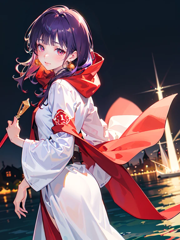 ((((DQ2 Moonberg Princess)))), ((1little girl)), ars, (((deep purple hair))), ((Blunt bangs)), (Fluffy long hair), (Deep red eyes), ((((red hood)))), (Lotto emblem on the hood), (((purple red stole))), Pearl earrings, (((White robe with red edging))), ((drooing eyes)), Holding a magic wand in his left hand,
((By the river)), Crescent, Healing Magic, Ruined castle, sadness,
photographrealistic, Sense of depth, Absurd resolution, High resolution, 8K, 4K, detail, Best Quality, (Raw photo, Best Quality, masters:1.2), (Realistic, Photorealsitic:1.37), ultra-detailliert,
Smile, Looking at the camera, full-face blush, sad, (Walking), (Looking forward), Angle from back, Full body shot,
