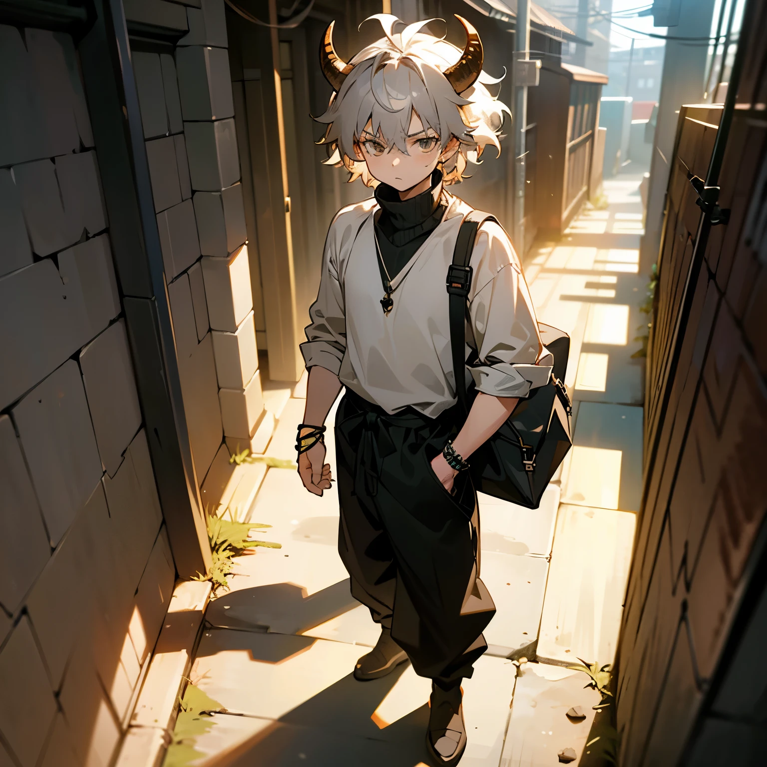 1male , Young Male , Child Male , Muscular , Light Grey Hair , Hazel Brown Eyes , Ox Horns , Serious Expression , Gon Hair , Messy Hair ,Black Turtleneck, Baggy White Shirt, Standing in alleyway , Sunny Day , Baggy Black Pants , Bracelets