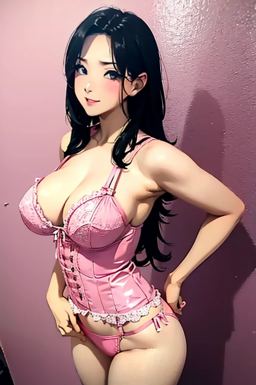 Black hair, sexy, large breasts, pink lingerie, pink underwear