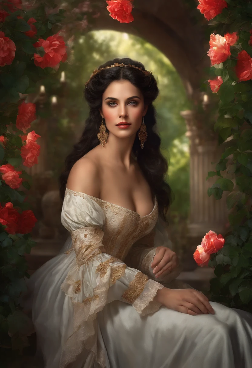 Best Quality, Masterpiece, Ultra High Res, Baroque Painting by 1girl, Cascading Black Hair, Green Eyes, Detailed Eyes and Face, Red Victorian Era Dress, Background Greek Columns in a Garden with Flowers, Dynamic Lighting, In the Dark, Deep Shadow, Discreet, Cowboy Full Body Shot, Victorian Era Style, a Goddess of beauty, portrait of a Goddess, In Bowater art style, Renaissance digital painting, in digital painting style, digital fantasy portrait, elegant digital painting, fantasy art portrait, fantasy portrait, inspired by Dante Gabriel Rossetti, baroque digital painting, digital art painting, Fine Art UHD 4K, beautiful fantasy portrait
