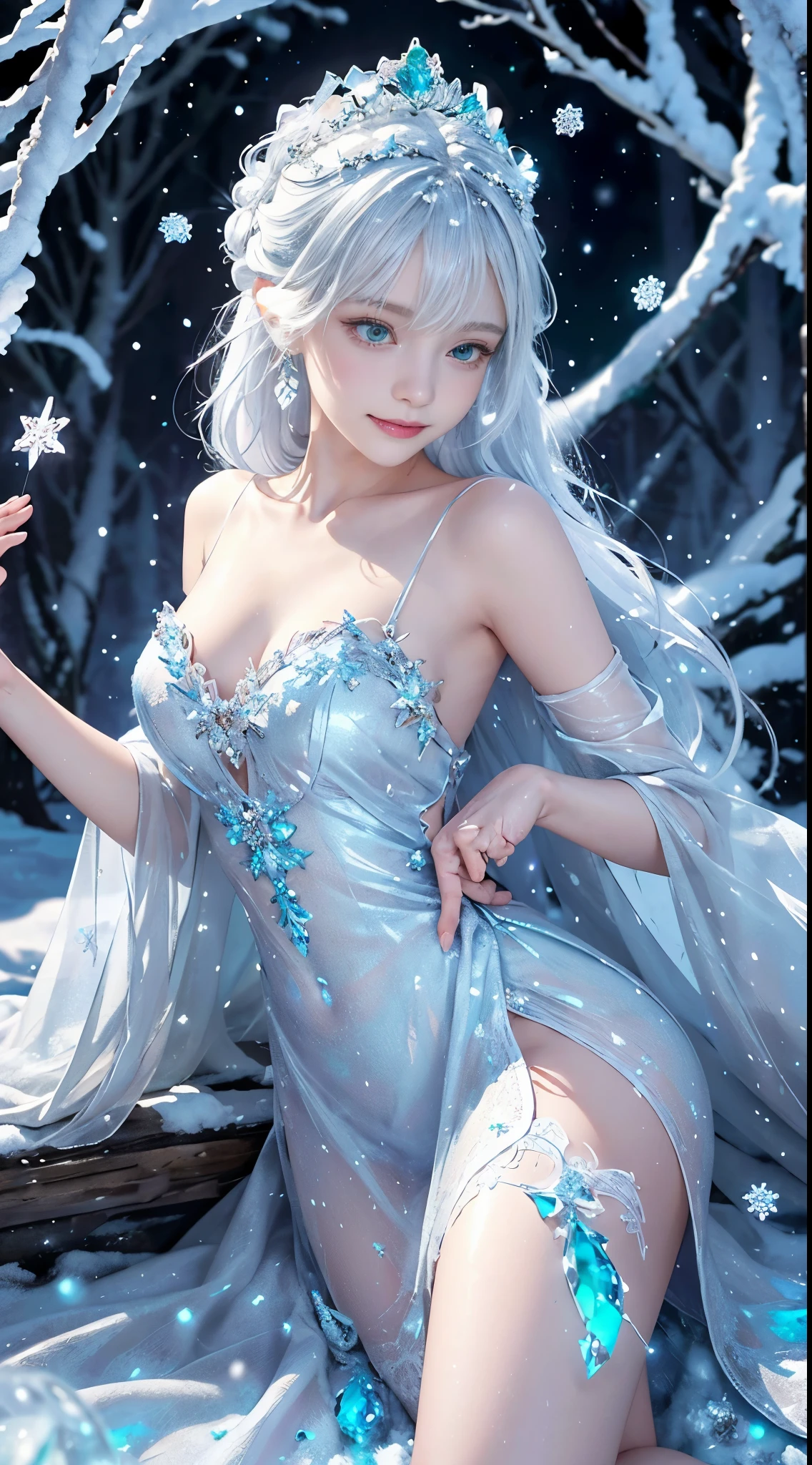 masterpiece, Best Quality, Ultra-detailed, 4K, Photorealistic:1.37, White snow, Princess, A landscape where snow is falling abundantly in the snowy, wilderness, with emerald-colored snowflakes twinkling in the air, pure princess, fairy tale stage, Magical atmosphere, storybook illustration, Mystical elements, Dark and light contrast, reflection, malice, magical forest creatures, sparkling stars, Mystical charm, (((Snowy landscape))), mirror shard, royal silver tiara, (Delicate snowflakes), Innocent beauty, mesmerizing eyes, Eerie sounding, Eerie silence, surreal compositions, (Dramatic Lighting), Fantasy Realm, Golden accent, Forbidden desires, Breathtaking details, Glass-like surface, magical transformation, cold stare, Undeservedly beautiful, Vibrant colors, Full body, Princess, 1 girl, 19 years old, a baby face, white hair, I keep my hair up and short, ((A smile)), Off shoulder bare, Elegant gown, Detailed crystals and silver decorations, voluminous emerald dress, dynamic pose, Looking at the camera, back light,