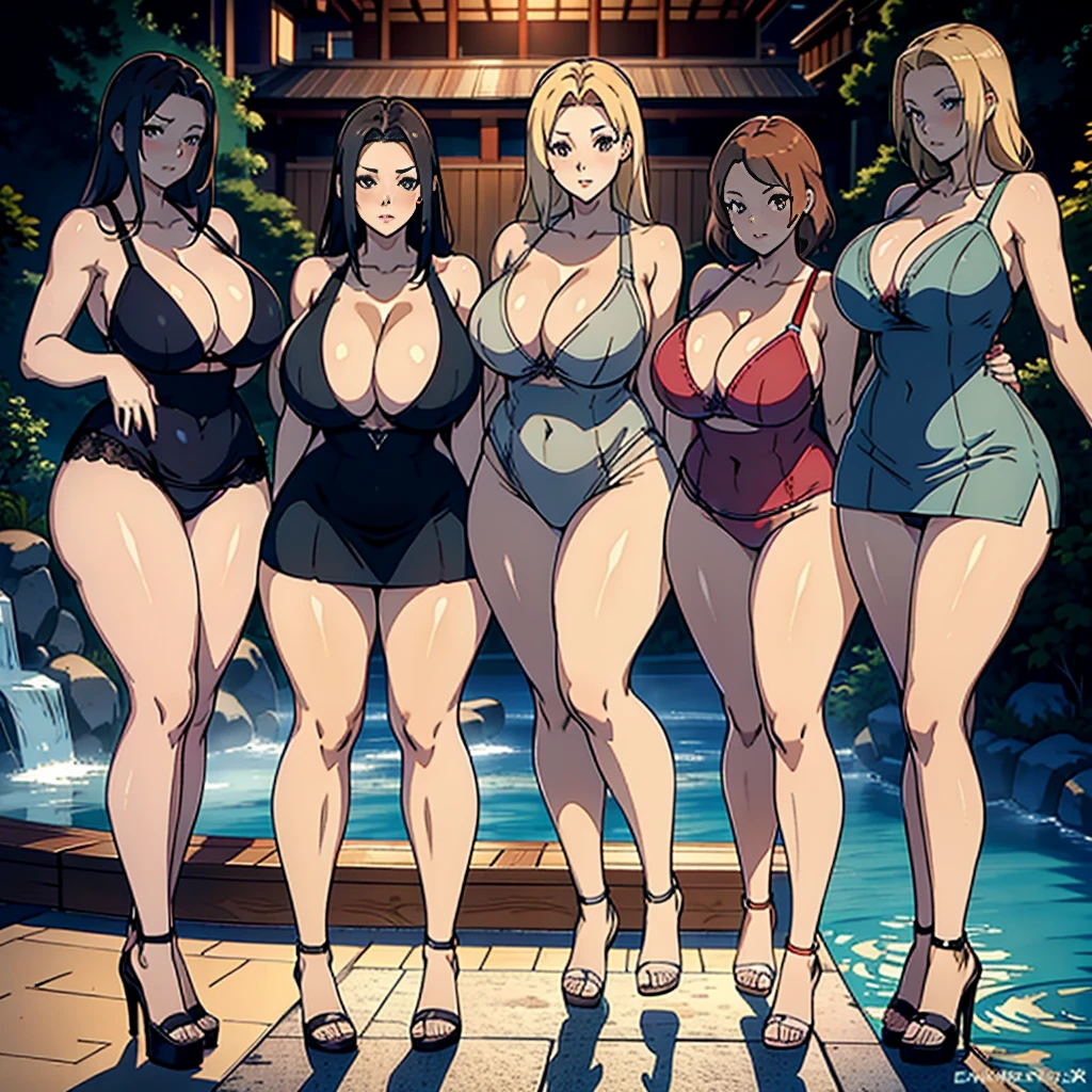 multiple thick body females standing in a line all wearing different body tight dresses, open cleavage dress, dress expose bra, lifting skirt expose panties, (show panties), different colors bra and panties, standing by pool in onsen, full body view, faces rednered high quality.