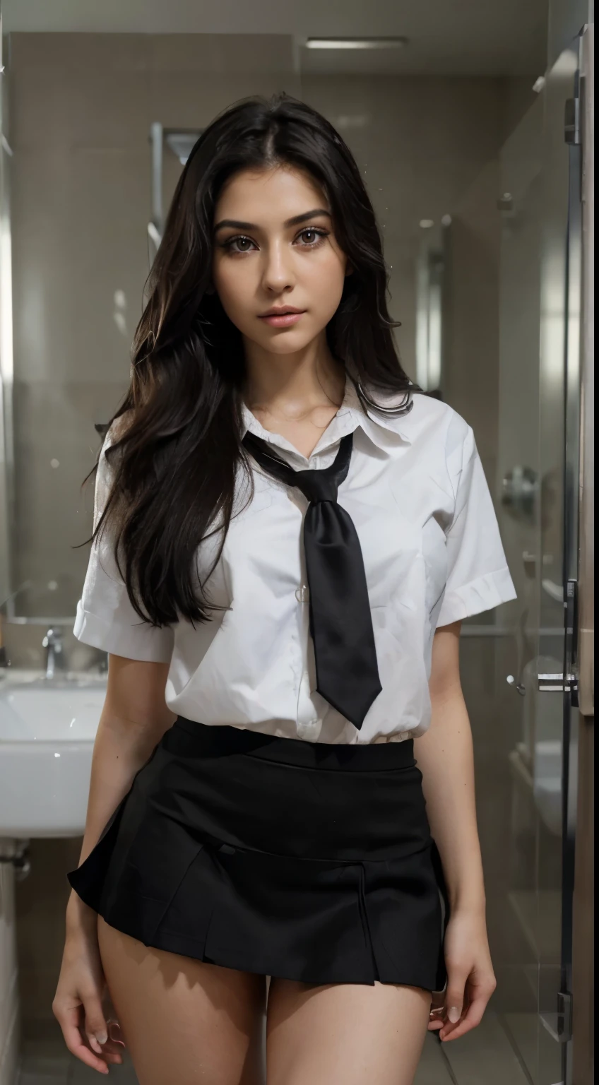 highres,realistic,ultra detailed,portrait,young,beautiful,labanese,girl,20 years old,big eyes,detailed facial features,long eyelashes,sharp beautiful nose,wavy black hair,natural makeup,fashionable attire,fit body,vivid colors,soft lighting,warm tones,rich skin texture,subtle shadows,natural environment,((Best quality, 8k, Masterpiece :1.3)), Whole body,Long legs,perfect figure,Slender abs :1.1,(short white shirt and short black skirt school uniform,Sexy Student,Standing:1.2), ((school bathroom:1.3)), Highly detailed face and skin texture, Detailed eyes,cleavege