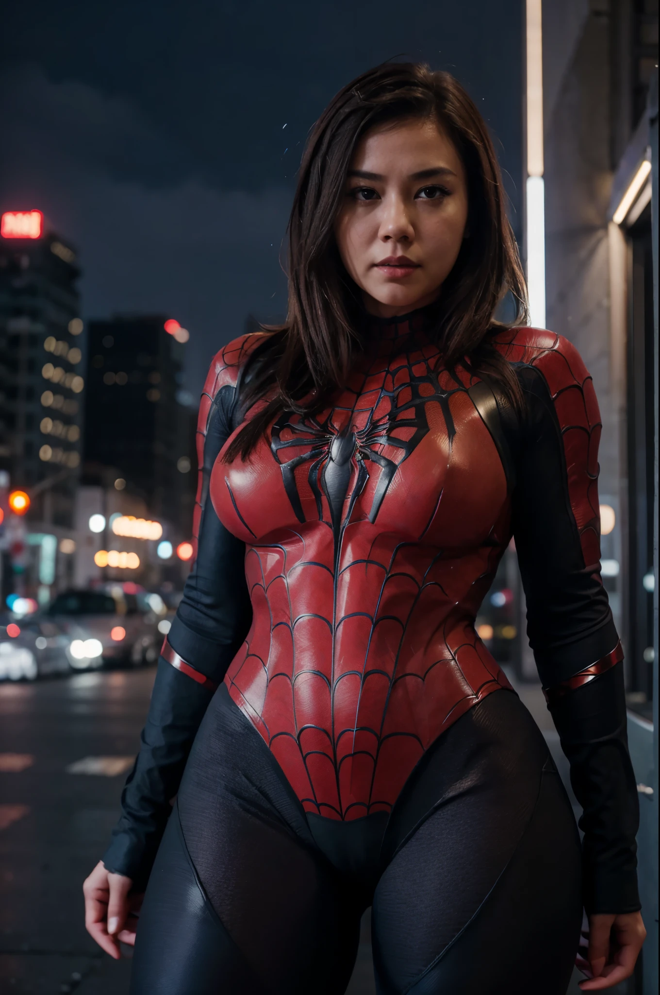 1girl, night, cityscape, city lights, upper body, close up, 8k, raw photos, best quality, masterpiece, realistic, photo realistic, spider-man suit, huge, thick thighs, asian face, short hair, brunette hair