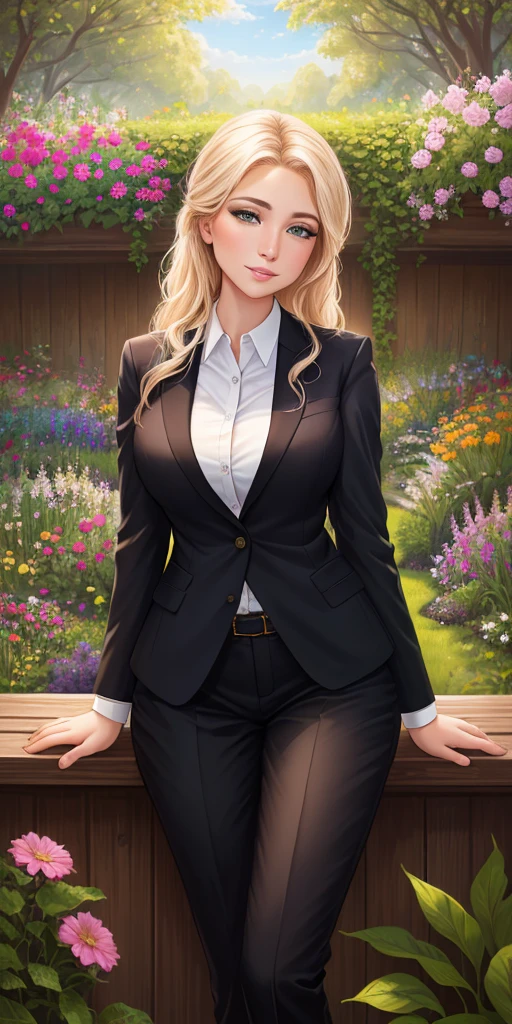 photo of a business casual woman, beautiful garden, alexa grace, hot day, kailee mandel, (8k UHD:1.2), full resolution, detailed skin, high quality photography, RAW photo