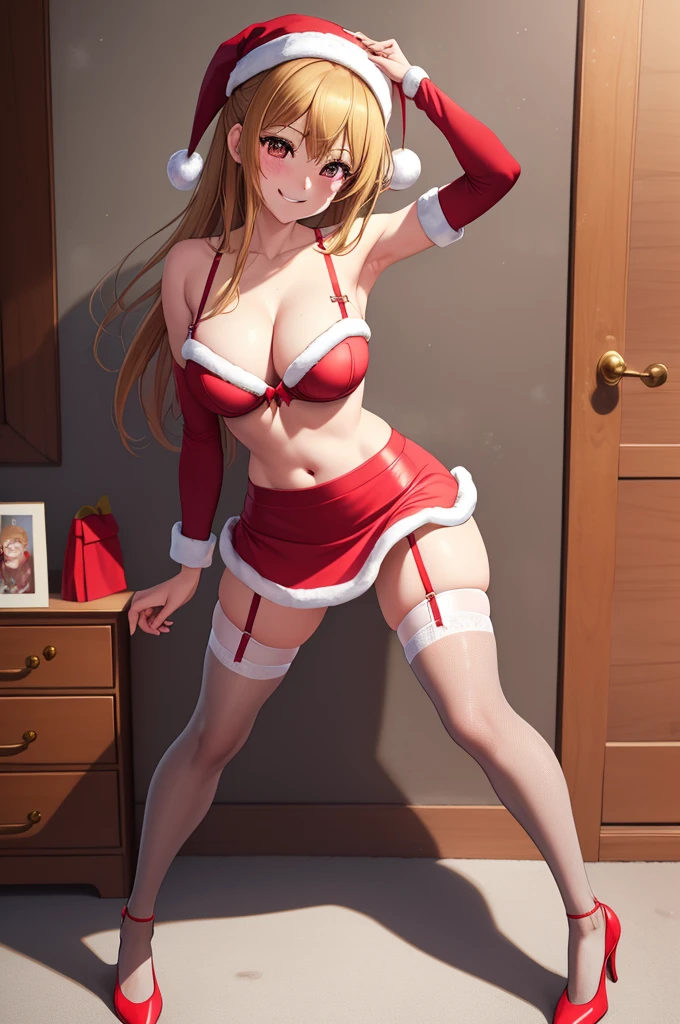 anime, beautiful face, highly detailed face, 2 accurate legs detailed eyes, highly detailed background, perfect lighting, accurate arms, accurate hands, accurate fingers, full body, 1girl, solo, ruby hoshino, oshi no ko, female santa, sexy santa outfit, heels, thighhighs, garter stockings, absurdres, high res, ultrasharp, 8K, masterpiece, looking at viewer (sexy pose:1.4), (full body:1.4), smiling with compassion, loving smile, nsfw, nearly nude, wearing bra, wearing miniskirt, full of delight, smiling full of compassion, holding a santa bag with hands, santa bag over her shoulders, blushed, cleavage, breast, leaning_forward, sntdrs