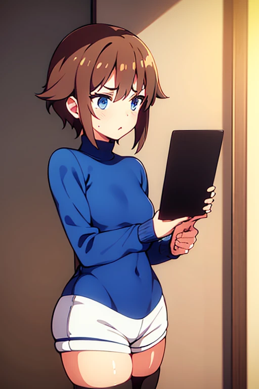 1girl, blue eyes, light brown hair, short fluffy hair, long sidelocks, small breast, strict look, blue sweater, short sleeves sweaters, long bottom sweaters, white turtleneck, long sleeves turtleneck, black bike shorts, blue berets