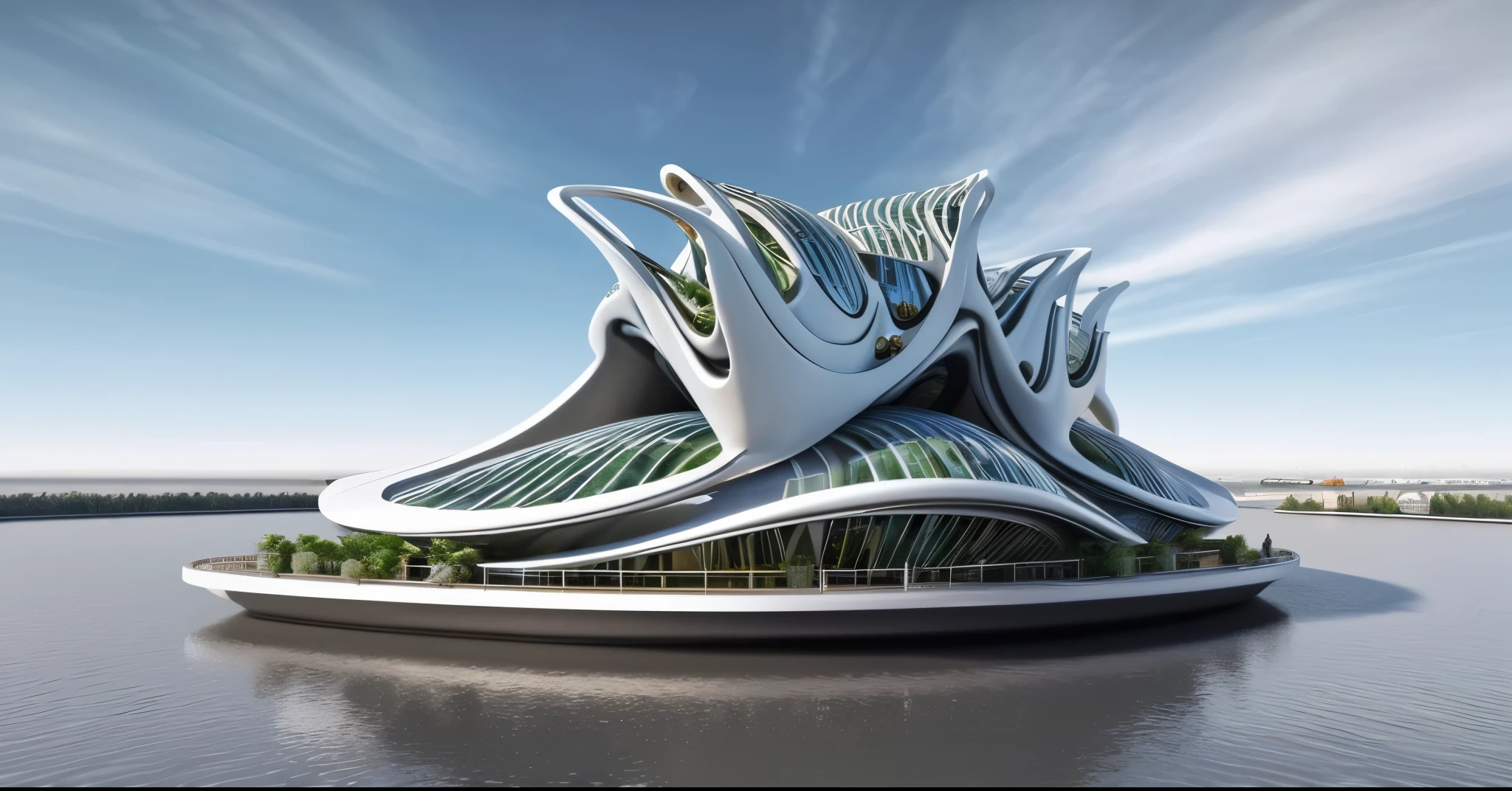 arafed building on a floating island with a boat in the water, futuristic architectural art, vincent callebaut, inspired by Zha Shibiao, futuristic utopian architecture, huge futuristic building, futuristic architecture, in style of zaha hadid architect, detailed futuristic architecture, futuristic buildings, ultra - futuristic architecture, futuristic architecture concept, zaha hadid style architecture, Renaissance, depth of field, Futurism, award winning, high quality, high details, high quality, award winning, HD, 8k
