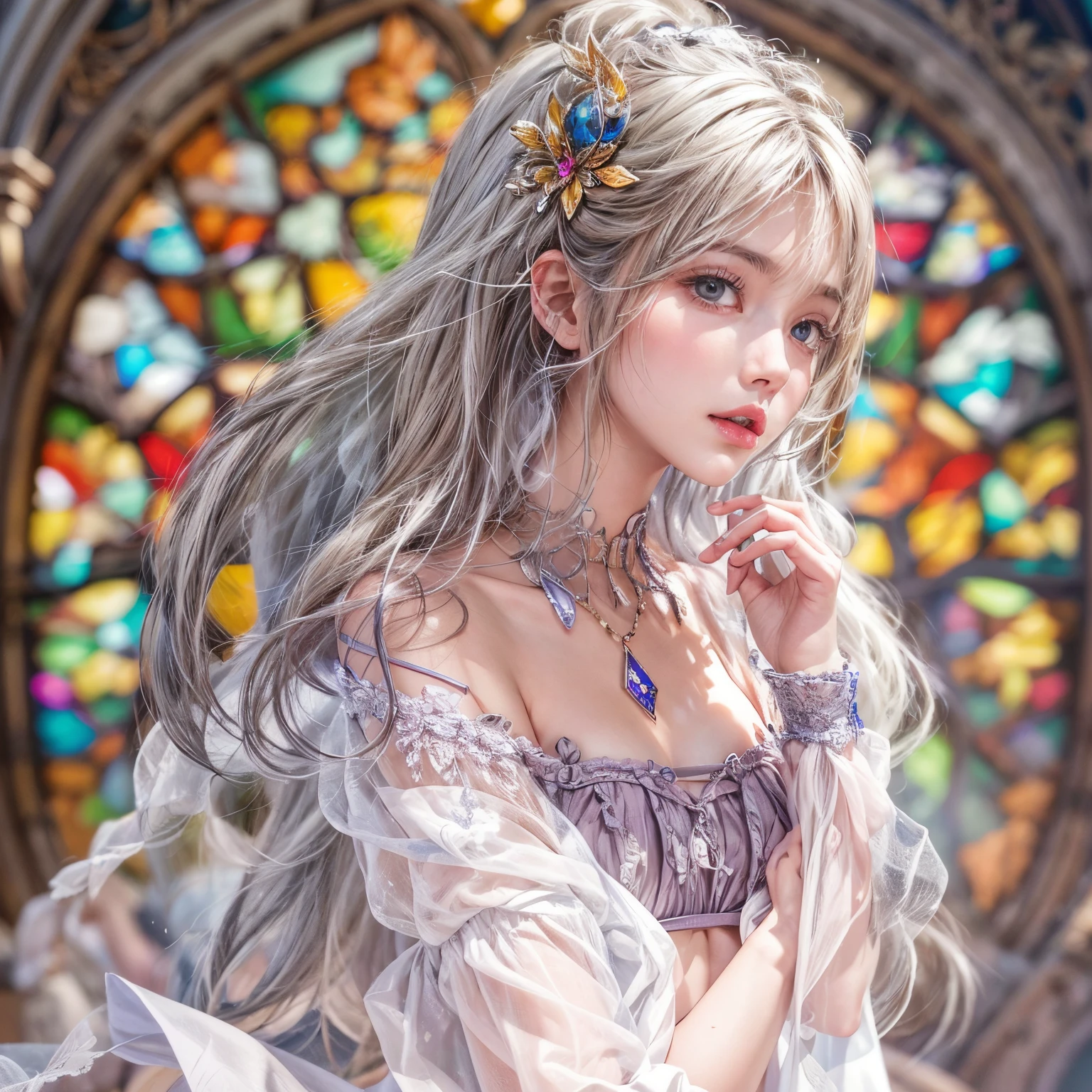 ( Masterpiece:1.25, exposed:1.2, White and vivid colors, Acutance),{ navel | pretty Ass | Detailed open crotch | Delicate lace knitted wear }, (tiny junior idol:1.28), ((face variations)), portrayed in the best quality and high resolution. The image should be ultra-detailed, ( realistic, and photorealistic with a touch of rawness ). under the mesmerizing back lighting, (Dazzling and delicate stained glass Background). (concept art). enhancing the overall visual impact. Whole Body proportions and all limbs are anatomically accurate, (nipple:-0.9) .