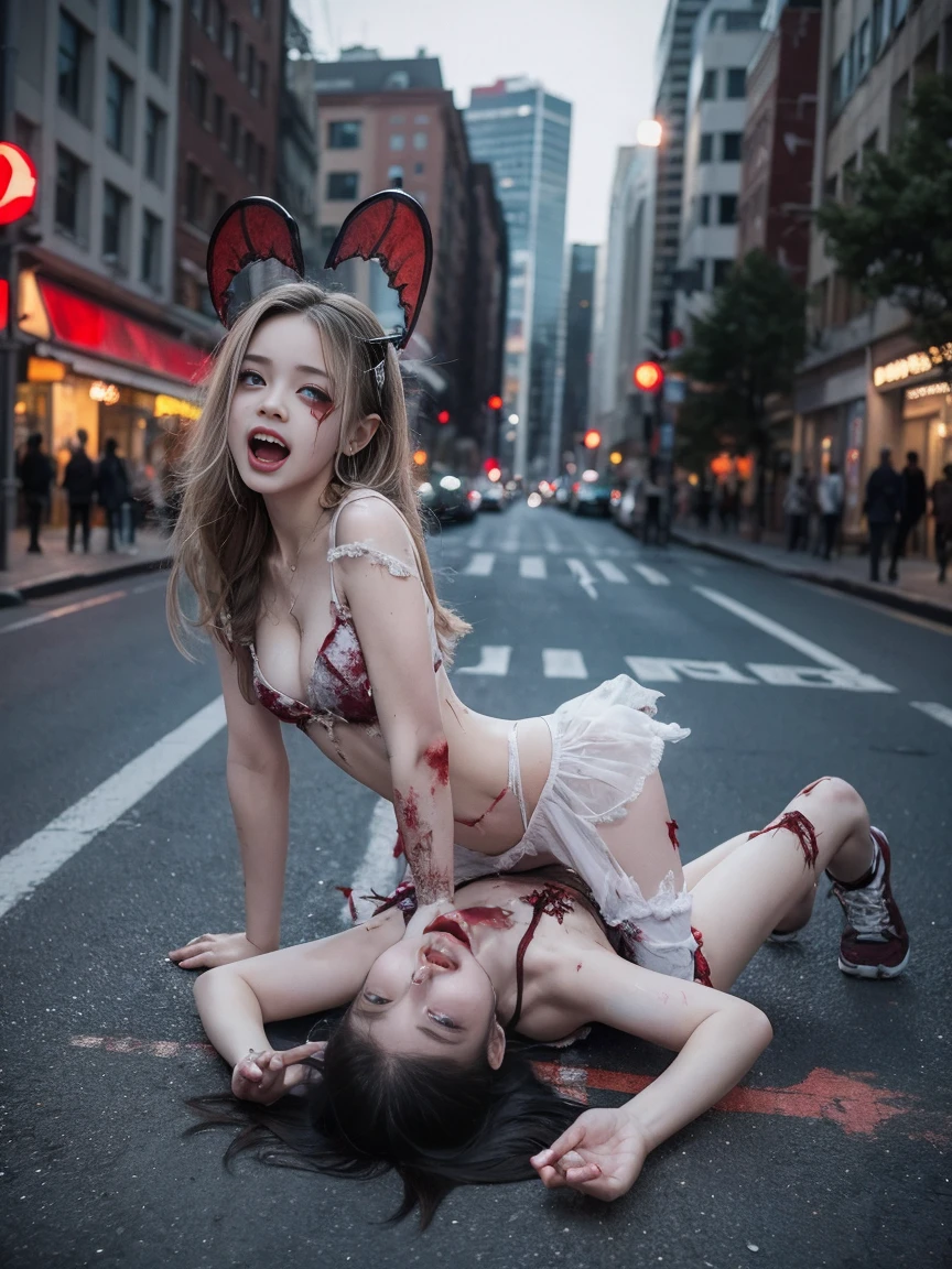 Zombie  girl，With vampire wings，With vampire teeth，lies on the ground，Exposing the crotch，white and transparent，Raised sexy，On the street，lookingat，Spread the joy of leg presses，The clothes were tattered，There are bite marks on the body，Watch from behind，put a stick in it，look of anguish