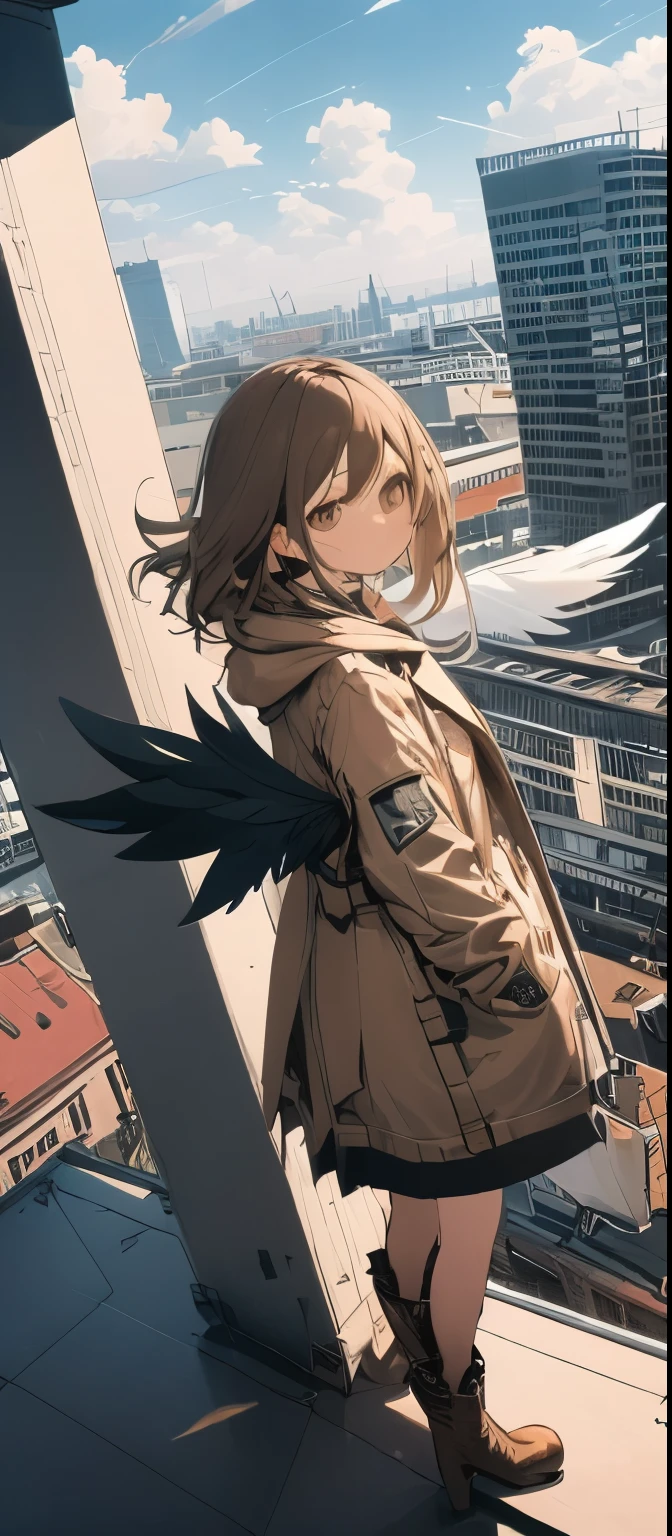 (masterpiece, best quality),from above , 1girl, solo, (feathered wings:1.2), billboard, brown eyes, brown hair, building, city, cloudy sky, coat, boots, crane \(machine\), dutch angle, from side, light frown, looking at viewer, outdoors, rooftop, sky, skyscraper