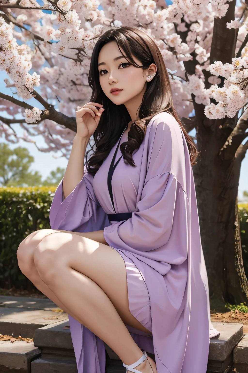 最high quality、high quality、best image quality、8K、最High resolution、High resolution、最high quality、masterpiece、Realistic human body with detailed details、Realistic skin in every detail、Realistic face in every detail、Realistic eyes down to the details、Realistic lips in every detail、Realistic teeth in every detail、Realistic ears down to the last detail、Realistic hair down to the last detail、Realistic arms down to the last detail、Realistic hands down to the last detail、Realistic fingers in every detail、(fine hands、thumb1reference4)、Realistic feet in every detail、((beautiful japanese girl))、(japanese model), (japanese woman)、((18 year old beautiful girl))、(black hair)、(random hairstyle)、((whole body))、((Beautiful upward facing breasts))、(slim style、slender style)、(whole body光沢肌、Fair skin)、soft natural light、geisha、maiko、Furisode、kimono、yukata、japanese traditional、Japanese garden、Under the cherry blossom tree in full bloom、((Transparent see-through with floral print(丈の短いkimono))、((sit with bent knees on a stump in the garden(Pose that makes your thighs look beautiful))