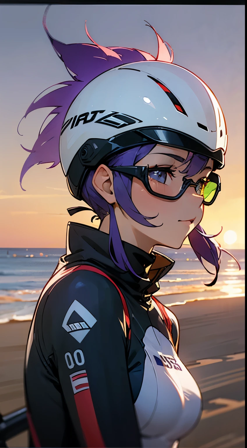Purple colored hair,Cycling Suit,Cycling helmet,Cycling glasses,sandbeach,Seafront,the sunset,8K分辨率,ssmile