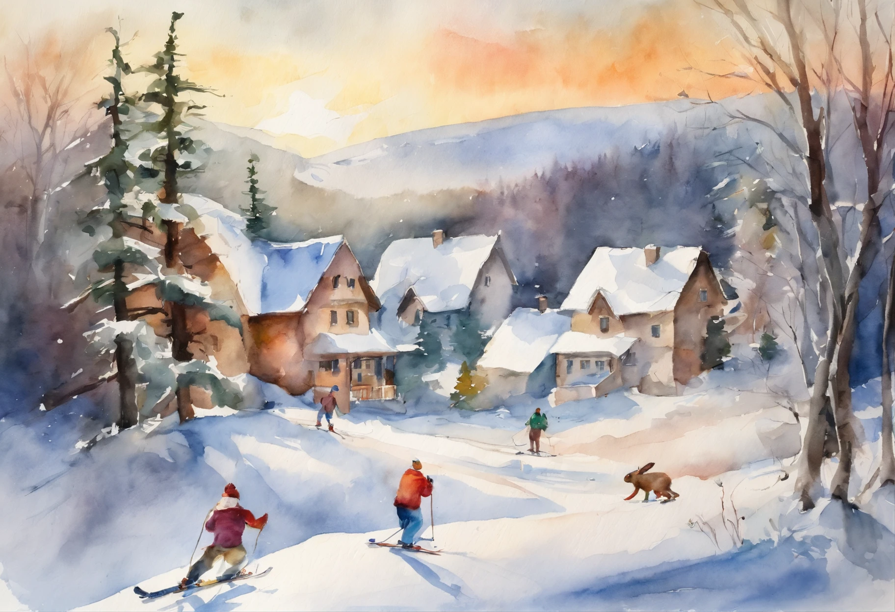 a winter landscape, trees, people skiing, rabbit in foreground, sunny day
