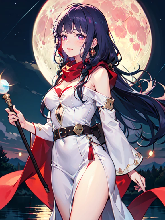 ((((DQ2 Moonberg Princess)))), ((1little girl)), solo, 13yo, (((deep purple hair))), ((Blunt bangs)), (Fluffy long hair), (Deep red eyes), ((((red hood)))), (Lotto emblem on the hood), (((purple red stole))), Pearl earrings, (((White robe with red edging))), ((drooing eyes)), Holding a magic wand in his left hand,
((By the river)), Crescent Moon, Healing Magic, Ruined castle, sadness,
photographrealistic, Sense of depth, Absurd resolution, High resolution, 8K, 4K, detail, Best Quality, (Raw photo, Best Quality, masters:1.2), (Realistic, Photorealsitic:1.37), ultra-detailliert,
Smile, Looking at the camera, full-face blush, sad, (Walking), (Looking forward), Full body shot,