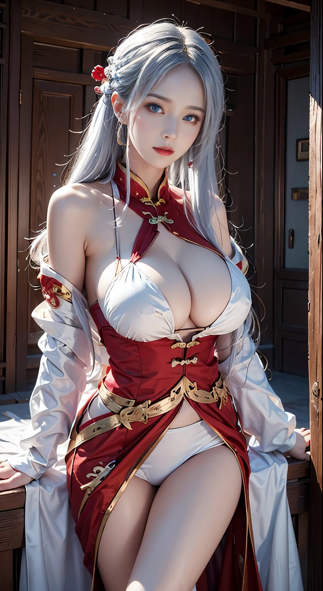 photorealistic, high resolution, soft lights, 1women, solo, up, red eyes, white hair, long hair, detailed eyes, blue eyes, solo, chinese traditional clothing, red wedding hanfu, realistic, makeup, (:1.3), (bigger :1.5),