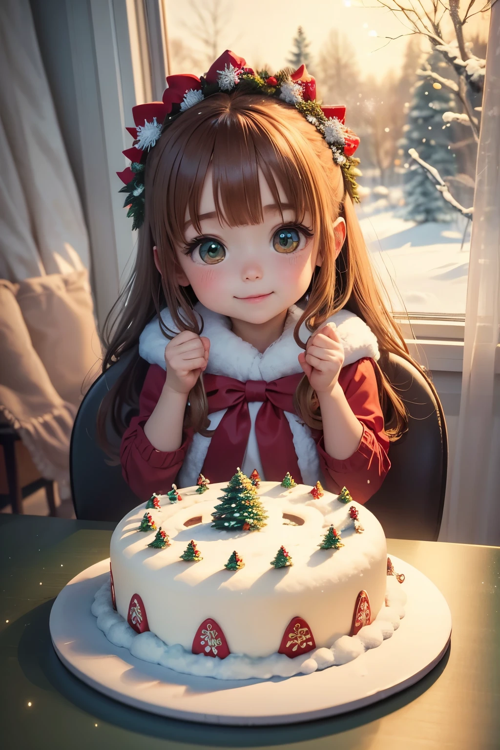 The best picture quality, fairy tale world, happy and adorable smiles, chibi, chibi characters, super deformation, big head and small body, very, very cute little girl, long chestnut hair, amazingly very big round green eyes, bushy long eyelashes, delicious looking Christmas cake on the table and lots of sweets, big Christmas tree and lights, snow scene outside the window.Christmas cake with delicious strawberries on the table and lots of sweets, a big Christmas tree and lights, snow outside the window,