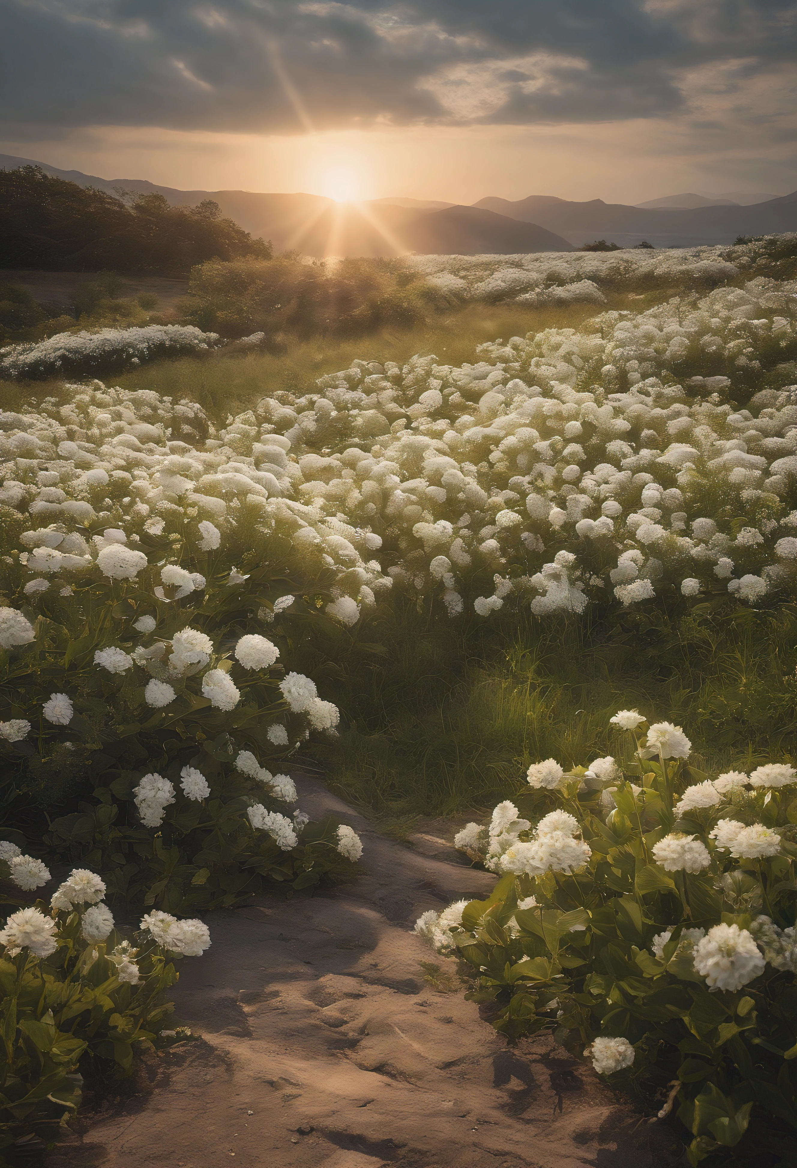 一片White flowers海,and the sun was shining brightly,The light from the rear window is backlit,There is a clearing in the middle of the sea of flowers,There is a clearing in the middle,There is a path in the center of the screen,The path leads to the distance,Near real and far virtual,White flowers,There is a road in the middle that leads to the distance,the setting sun,变得and the sun was shining brightly,Background with,detail-rich,フォトリアリスティック,真实感,4K分辨率,Rich texture,The painting style is gentle