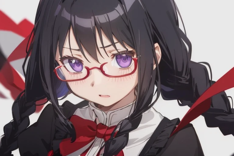 1girl in，Detailed details，a purple eye，radiant eyes，Braids，Black hair、，Red glasses，up of face，Black ribbon，Gray clothes，Black tights，Ferocious