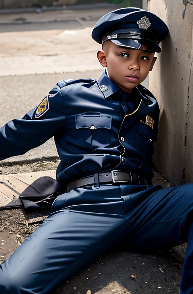  male boy, serious face, detail police uniform, wear cap, Shaved head faded sides lying down, leg open widely, look on uniform belt trouse, REALISTIC, dirty prison background, urine on ground, whip butt, closer look on belt, view from bottom, view uniform trouser look