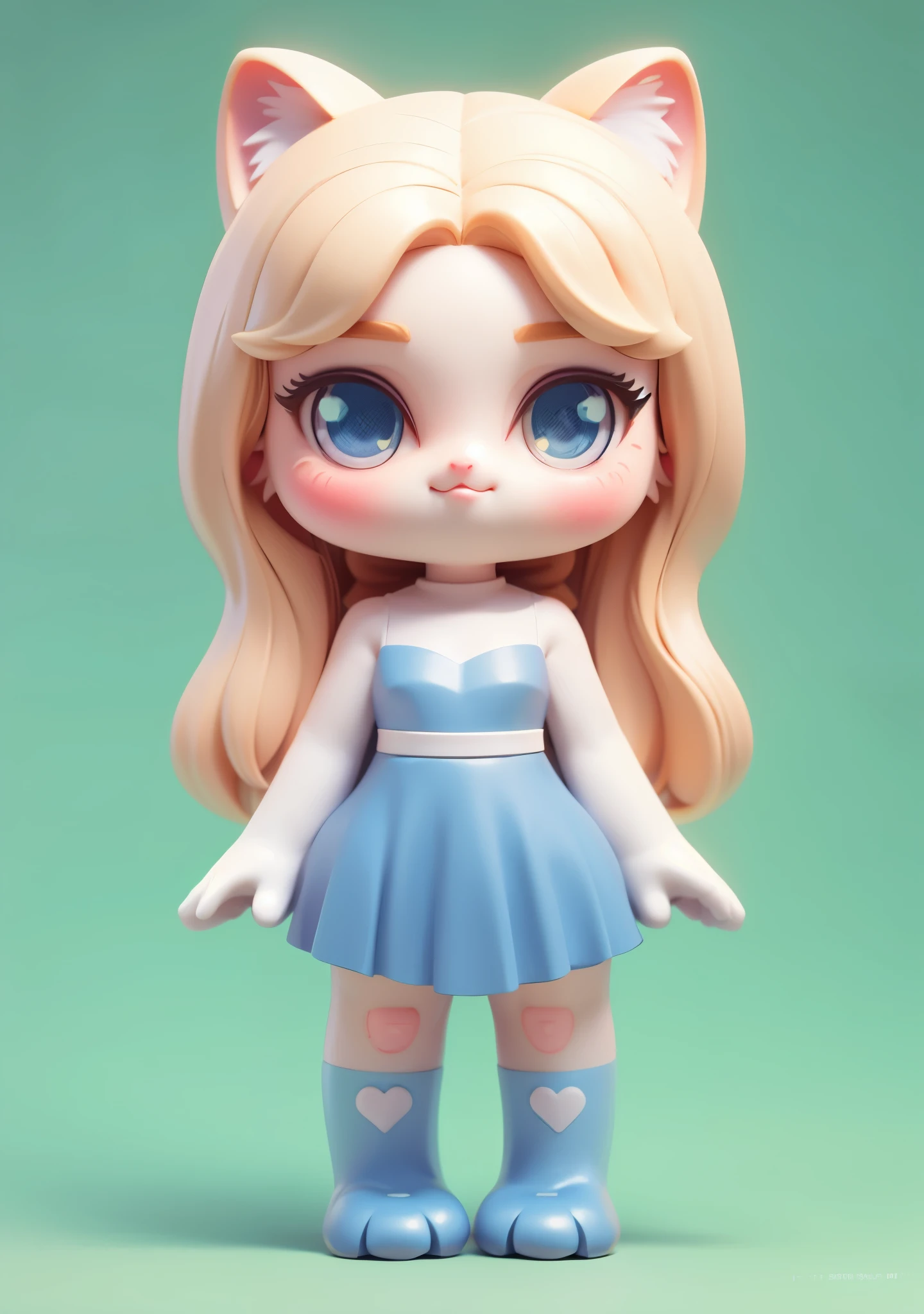 ((Whole body diagram，stand posture)))，(tmasterpiece:1,2, cat-like mouth, Pale color background，eBlue eyeest quality, tmasterpiece, The content is very detailed, perfect litthing,(The content is very detailed CG:1.2), 8K, 3D style,Anime manga girl, blue skirts，combed blonde hair)), Very beautiful and cute catwoman, adorable digital art ,Chibi,3 Rendering, c4d, Stirring angle effect diagram, popular toys, A blind box toy, Disney  style