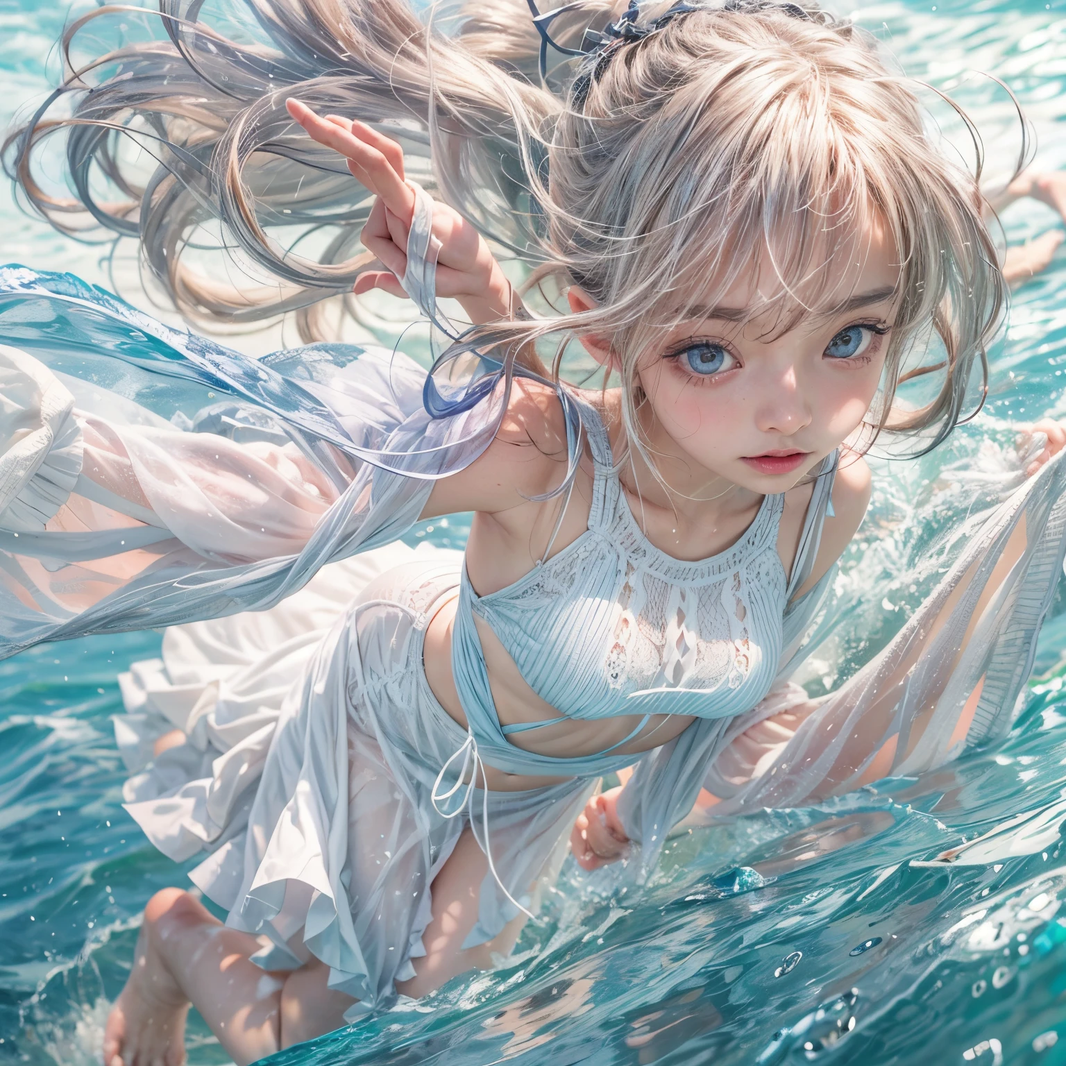 (Smasterpiece:1.28, Acutance, RAW, Realistic, 真实感: 1.37), realisticlying, softlighting. (( Tiny Girls jumping into the sea:1.37 ))、{ Falling | splash water | shout | energetic motion | Luminous water surface | White and Vivid colors }, (under the mesmerizing back lighting), glistening ivory skin, sparkling highlights, Detailed KAWAII face with cute lips, long eyelashes, Delicate lace knitted clothes, { Detailed open crotch | Overflowing sideboob | pretty Ass }, Whole Body proportions and all limbs are anatomically accurate . (nipple:-0.8)